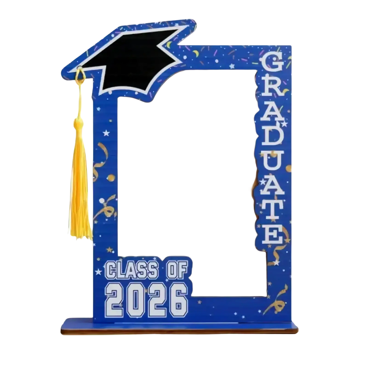 Blue wooden graduation picture frame with black mortarboard and gold tassel featuring graduate class of 2026 text