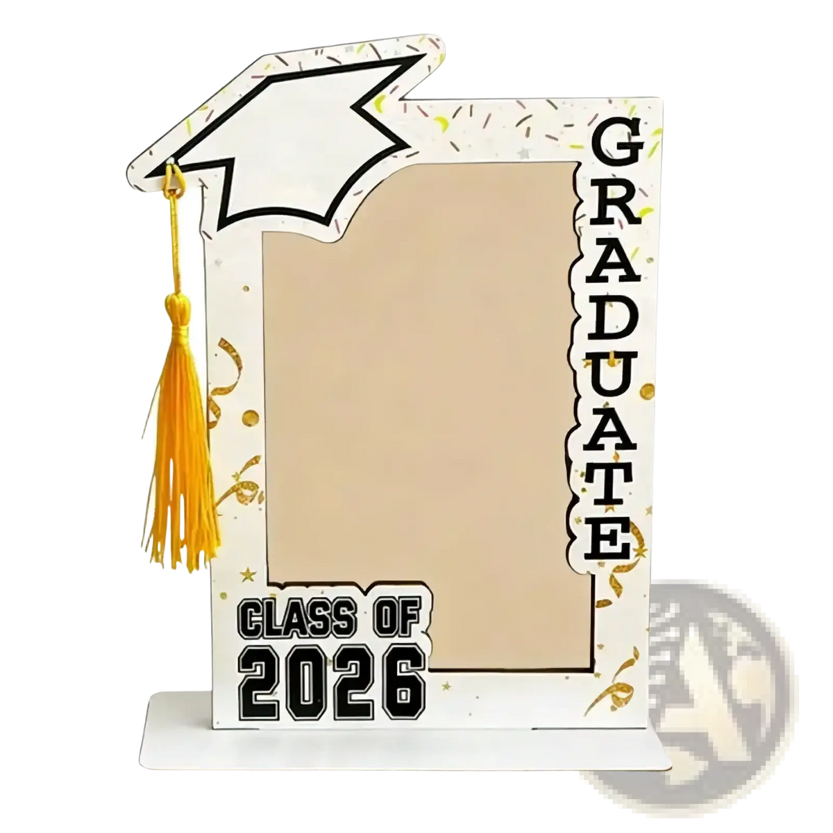 Class of 2026 wooden graduation picture frame white with decorative mortarboard gold tassel and bold black lettering