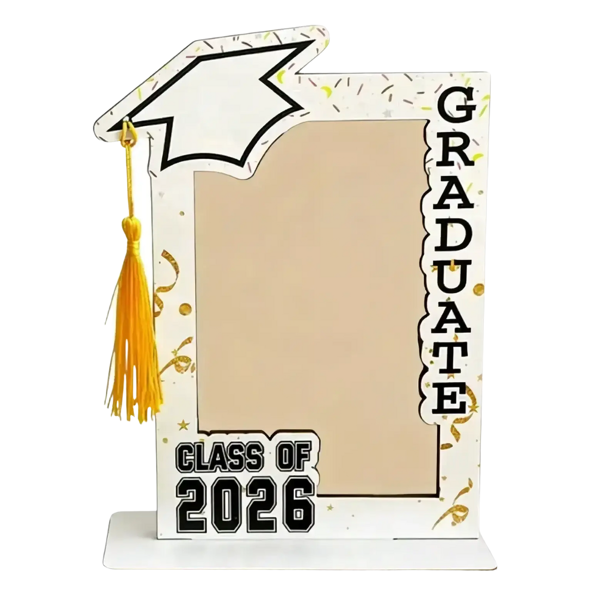 Class of 2026 wooden graduation picture frame in white with gold tassel and confetti design for graduation pictures