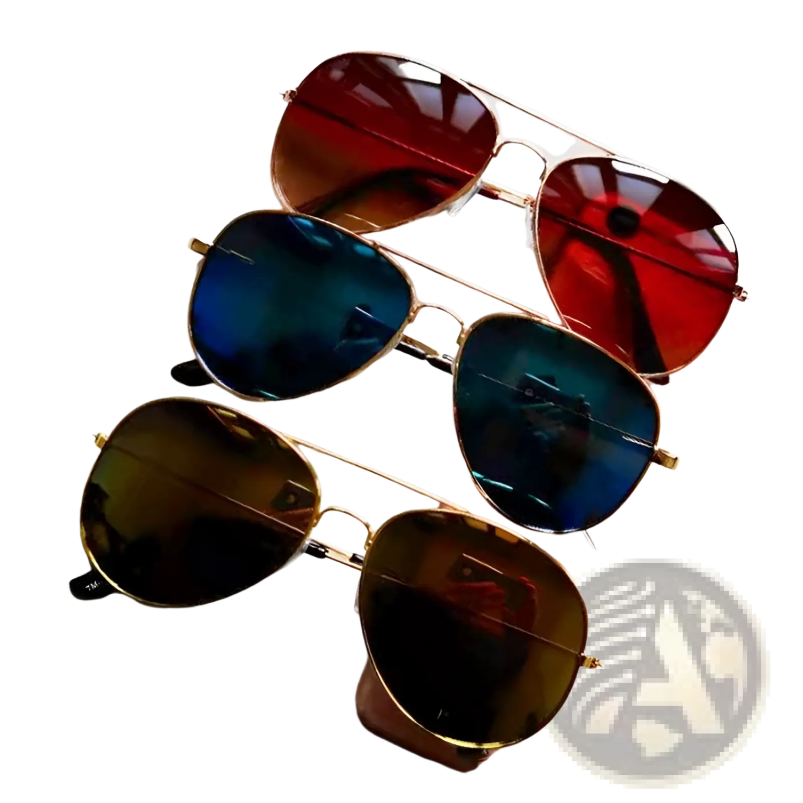 Three pairs of classic gold rimmed aviator sunglasses with uv protection and gradient mirrored lenses in red blue and brown