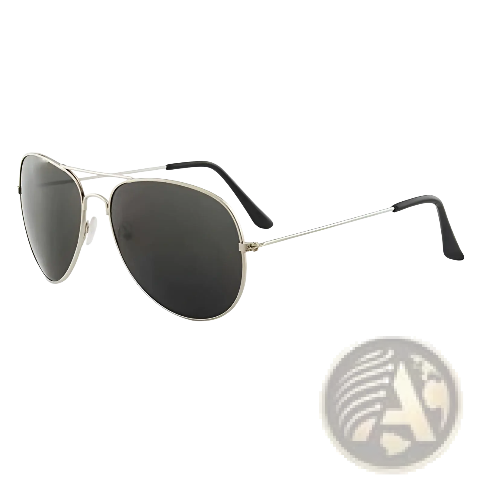 Silver aviator sunglasses with dark gray lenses and black temple tips offering uv protection in a classic gold rimmed design