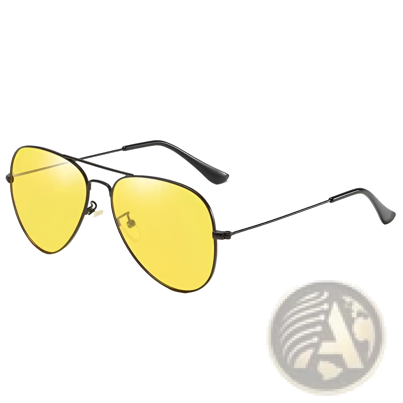Black metal-framed aviator sunglasses with vibrant yellow lenses featuring classic gold rim and UV protection