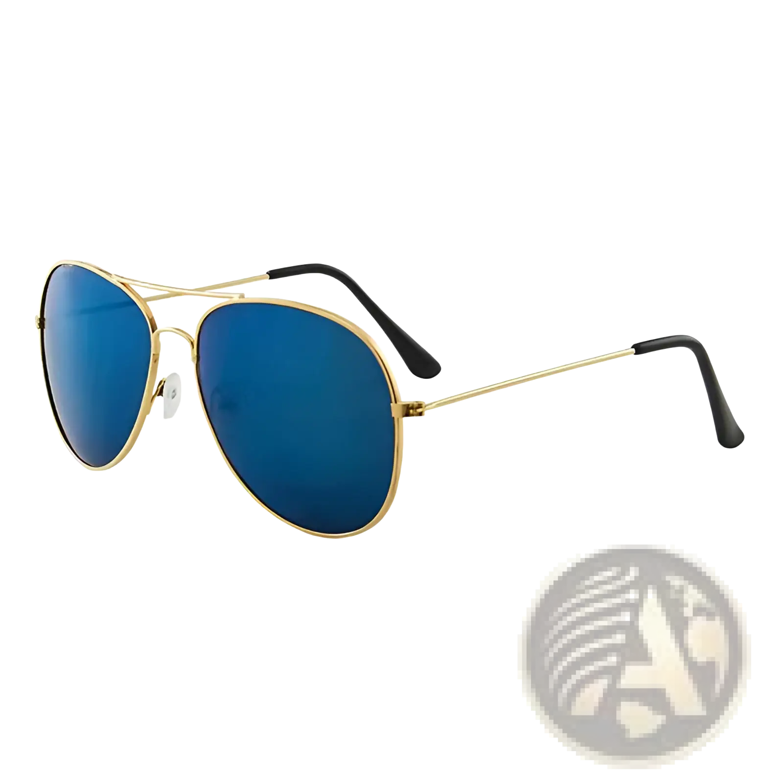 Classic gold rimmed aviator sunglasses with reflective blue lenses and black temple tips for uv protection