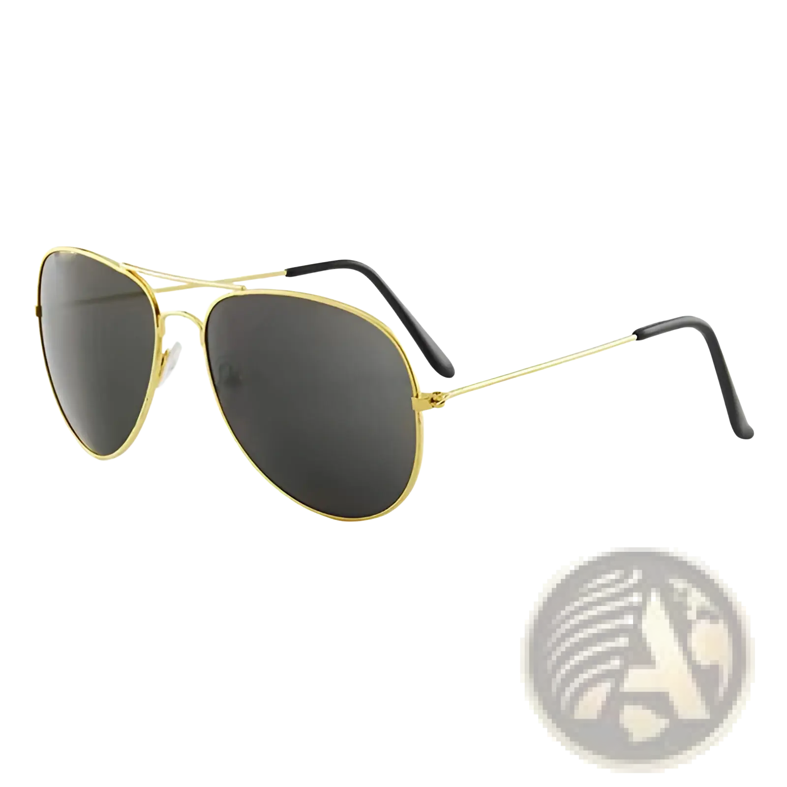 Classic gold rimmed aviator sunglasses with dark gray lenses and black temple tips offering UV protection