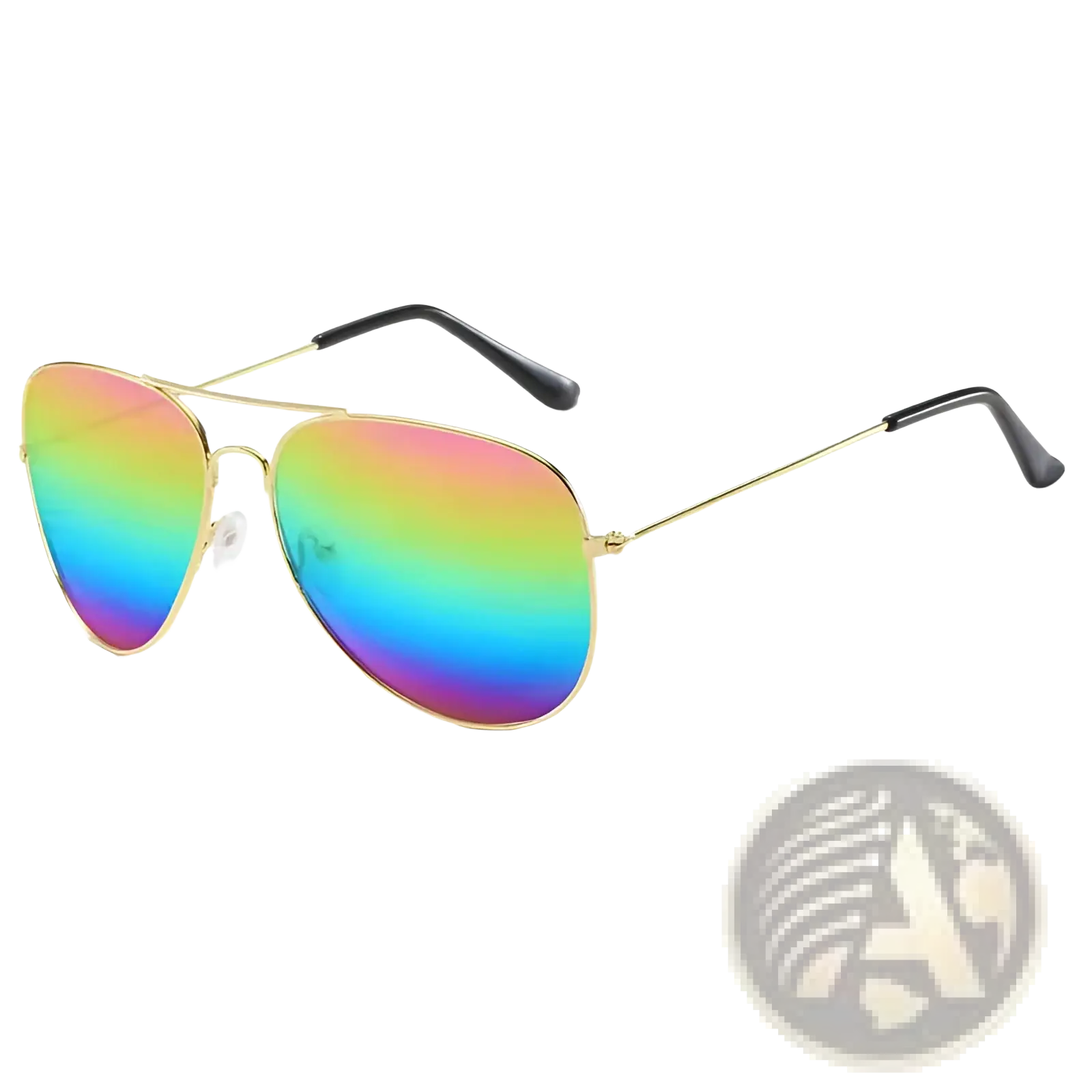 Classic gold rimmed aviator sunglasses with iridescent rainbow tinted lenses and black temple tips for uv protection