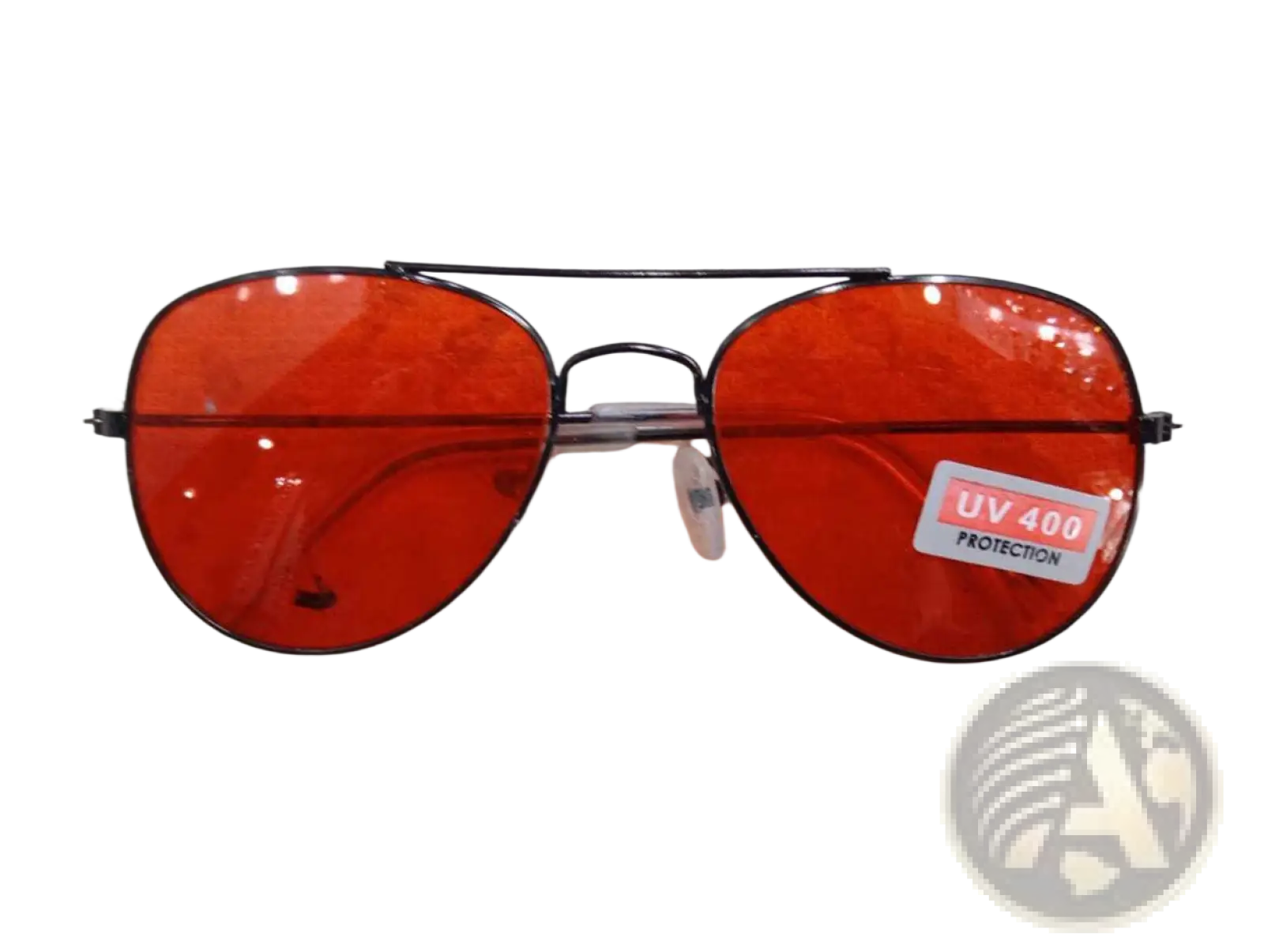 Classic gold rimmed aviator uv protection sunglasses with red tinted lenses black metal frame and clear plastic tips