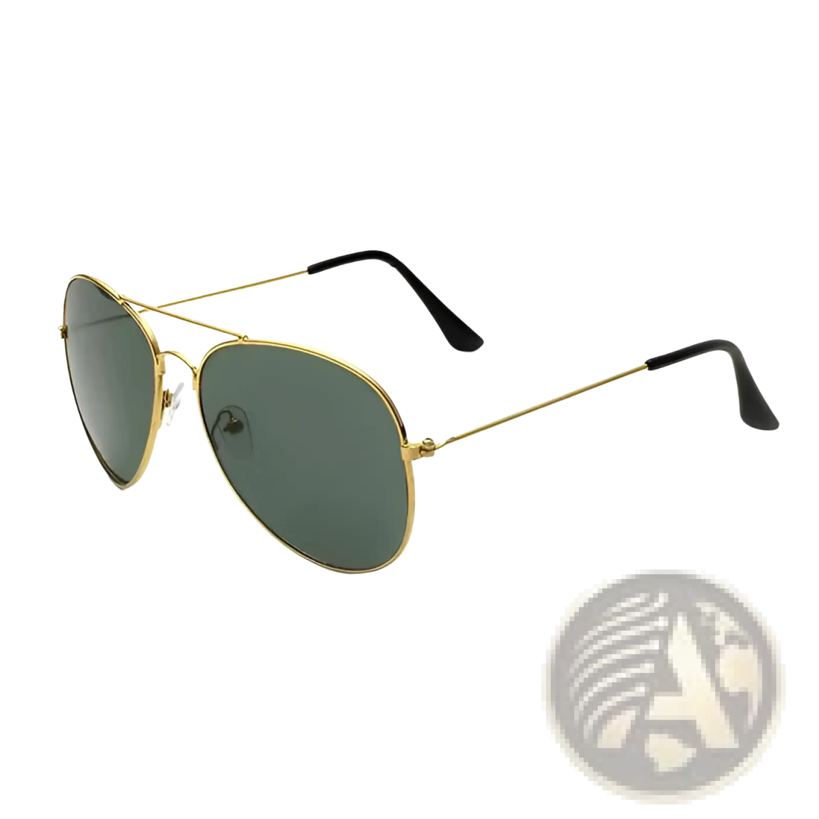 Classic gold rimmed aviator sunglasses with dark green lenses and black temple tips for uv protection