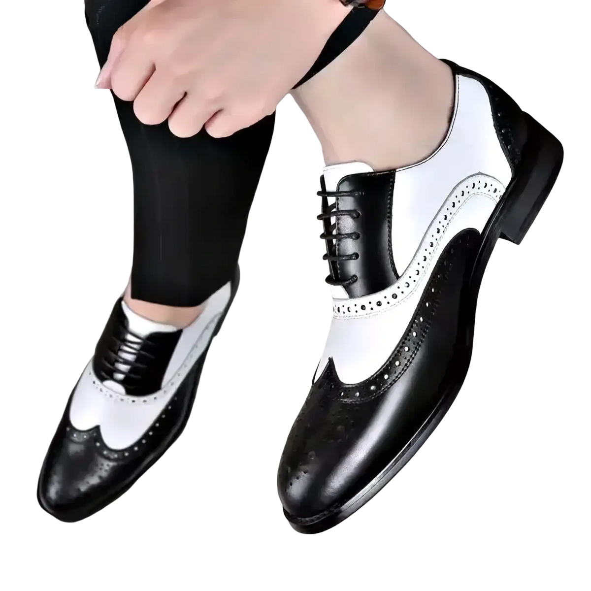 Men two tone brogue oxford dress shoes in black and white leather with perforated detailing for formal wear
