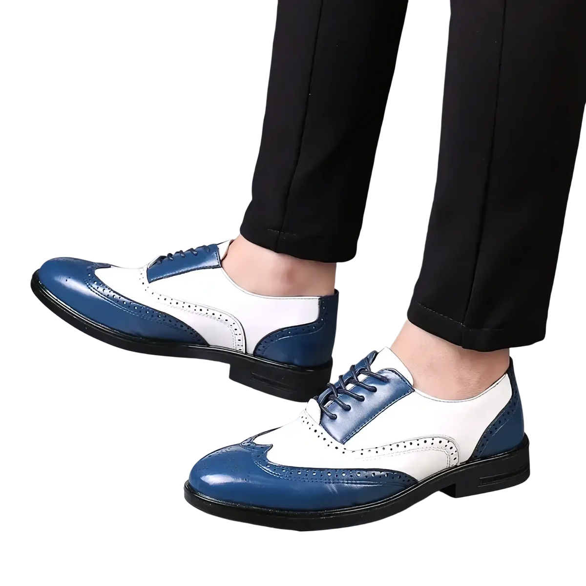 Men two tone brogue oxford dress shoes featuring blue and white leather with black laces for formal wear