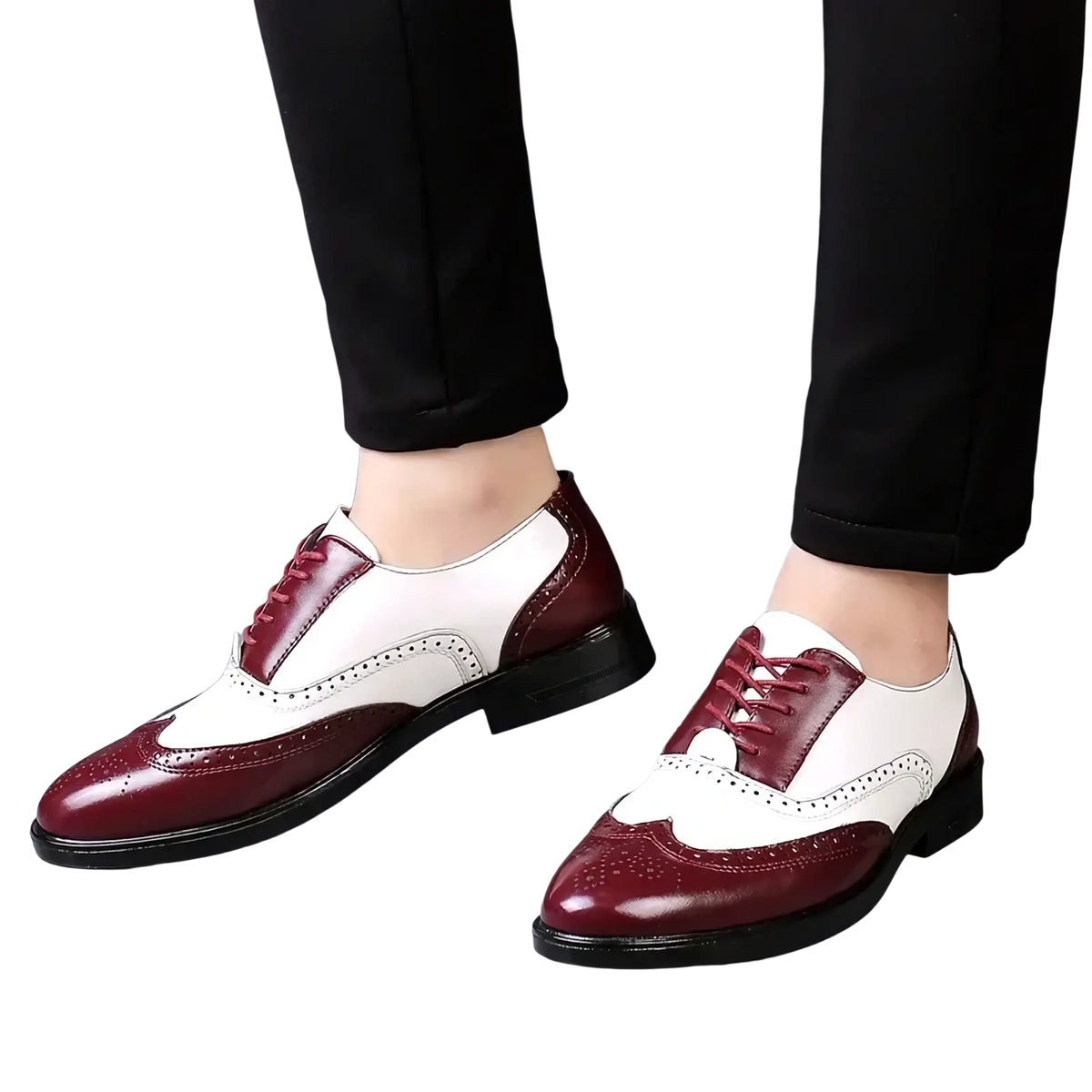 Men two tone brogue oxford dress shoes in burgundy and white leather with black soles for formal wear