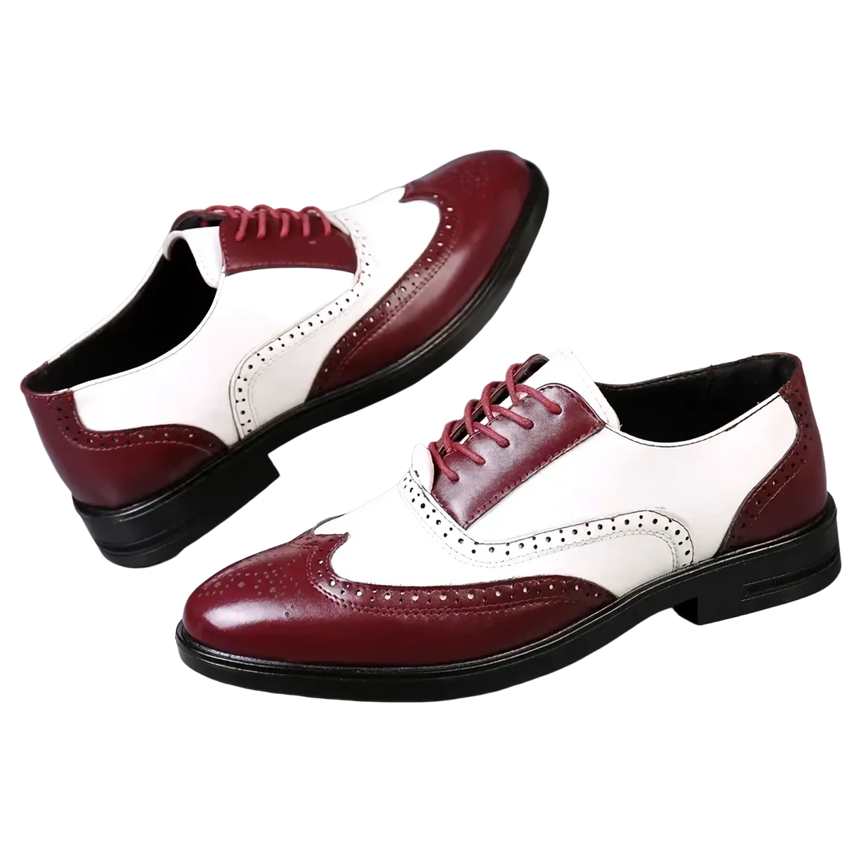 Men two tone brogue oxford dress shoes in burgundy and white leather with matching laces for formal wear