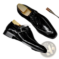 Classic men’s black crocodile-embossed leather monk strap shoes with silver buckle and stacked heel for formal use