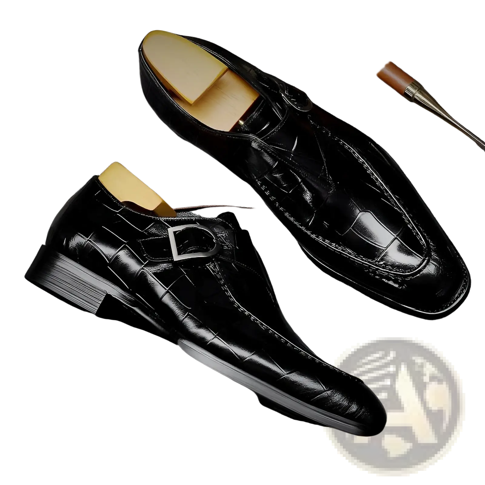 Classic men’s black crocodile-embossed leather monk strap shoes with silver buckle and stacked heel for formal use
