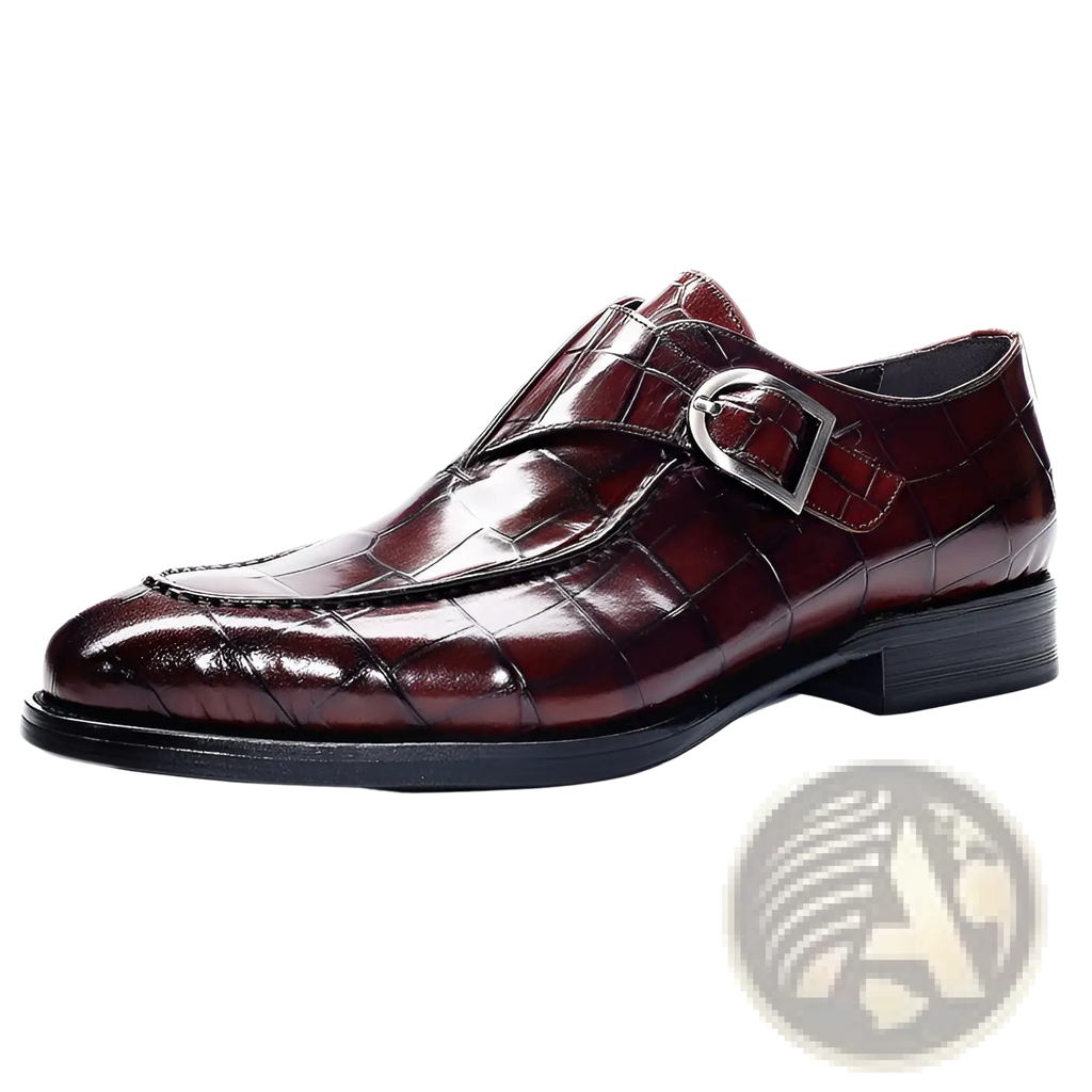 Classic men’s leather formal dress loafers in burgundy crocodile-embossed leather with silver-toned buckle
