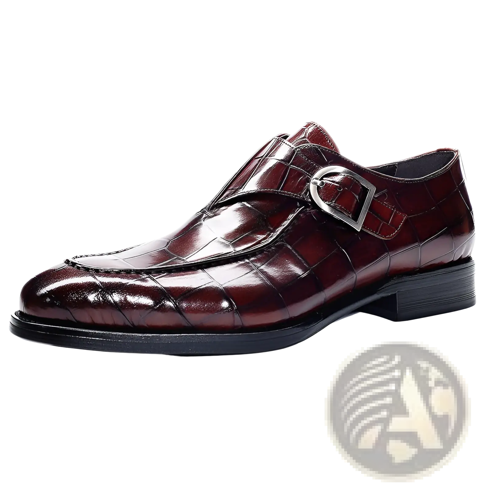 Classic men’s leather formal dress loafers in burgundy crocodile-embossed leather with silver-toned buckle
