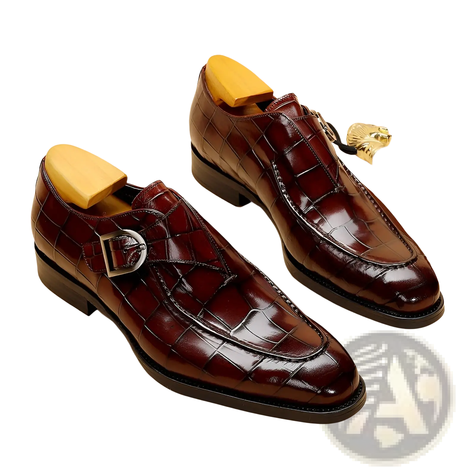 Classic men’s leather formal dress loafers in burgundy crocodile-embossed leather with silver monk strap buckle