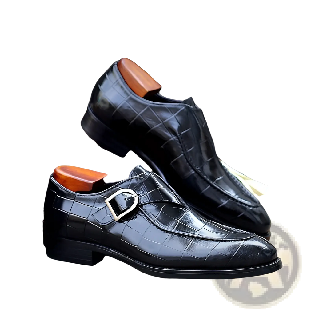 Classic men’s leather formal dress loafers in black crocodile-embossed leather with silver buckle and wooden insoles