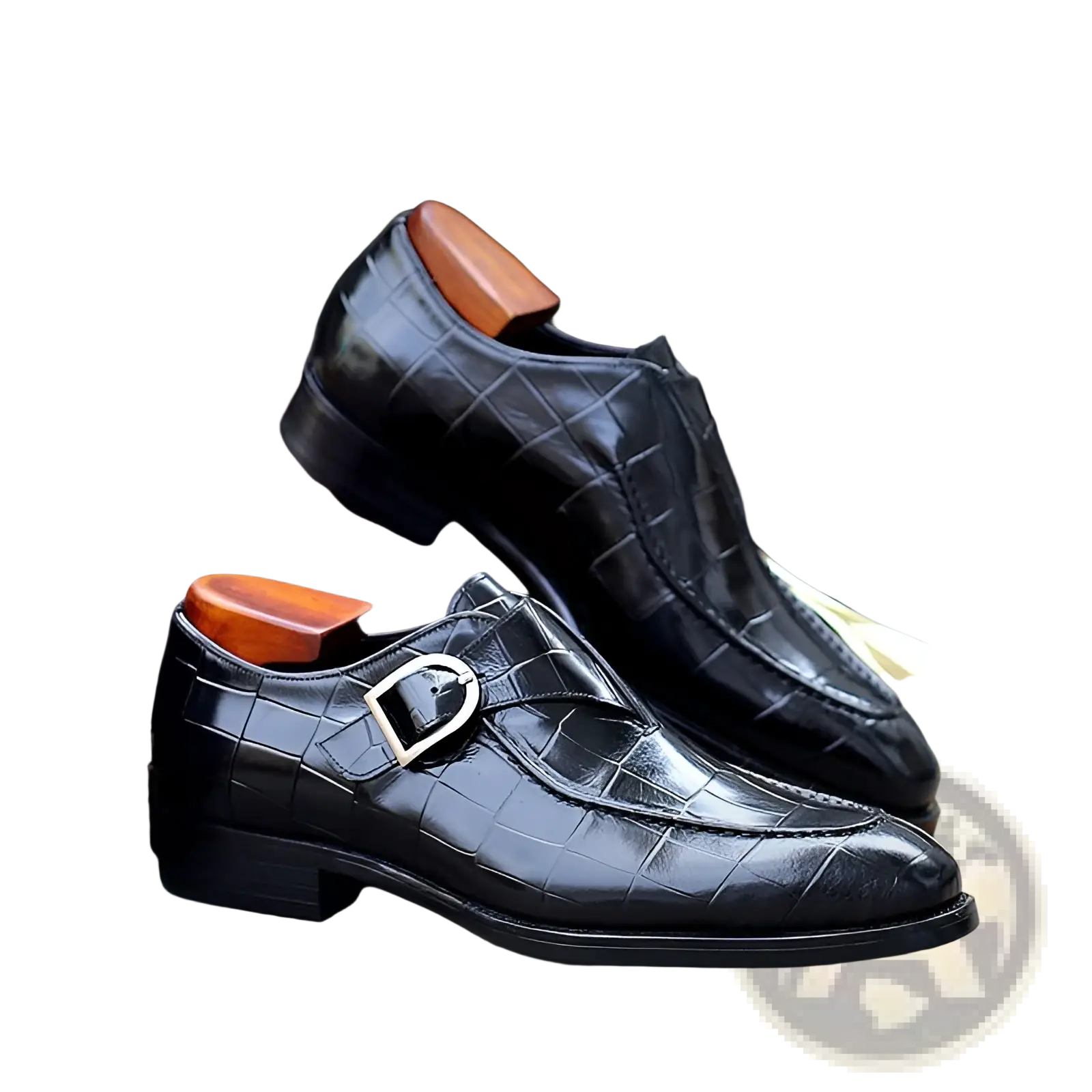 Classic men’s leather formal dress loafers in black crocodile-embossed leather with silver buckle and wooden insoles