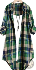 Classic plaid long sleeve button up polo shirt in green blue and beige plaid with rolled cuffs made of soft fabric