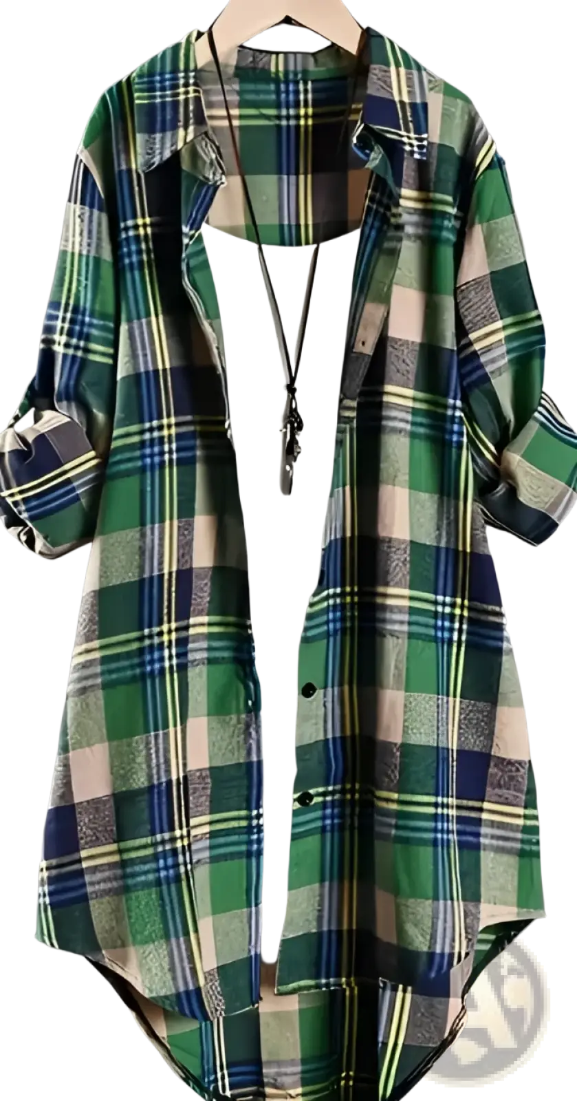 Classic plaid long sleeve button up polo shirt in green blue and beige plaid with rolled cuffs made of soft fabric