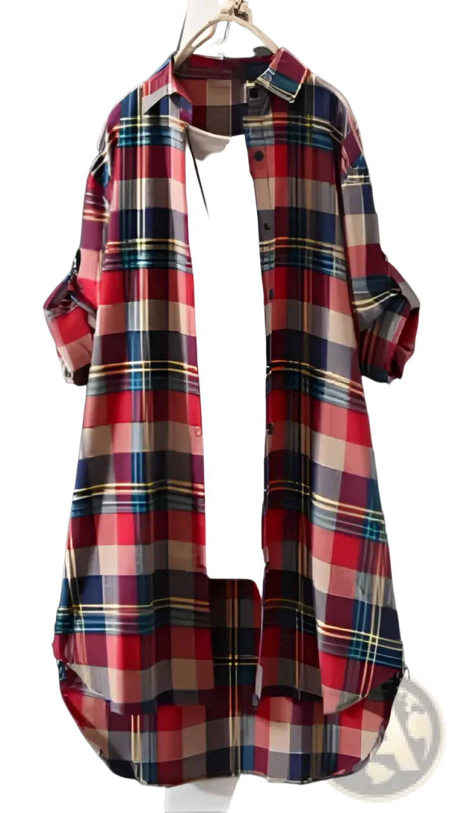 Classic plaid long sleeve button up polo shirt in vibrant red blue and white with rolled sleeves for casual wear