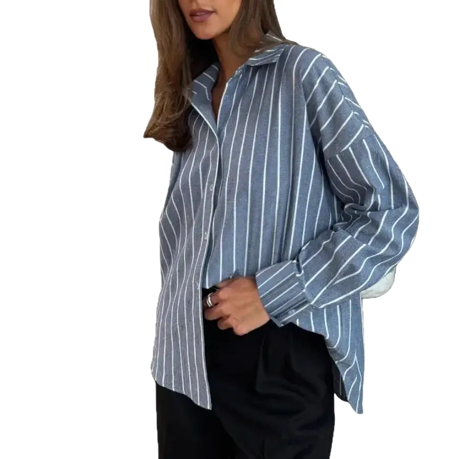 Classic striped shirt loose long sleeve women blouse in blue and white vertical stripes ideal for spring summer wear