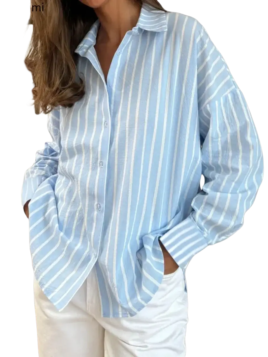 Light blue and white vertically striped classic striped shirt with a relaxed fit for spring summer wear