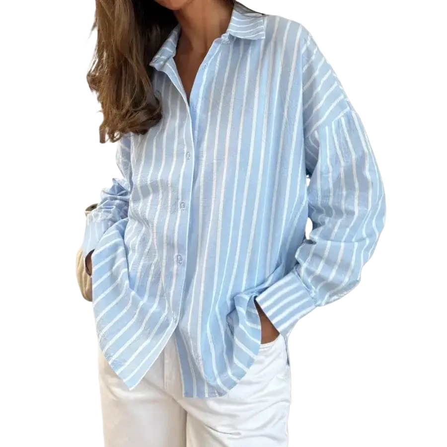 Classic striped shirt loose long sleeve blouse in light blue and white stripes perfect for spring summer wear