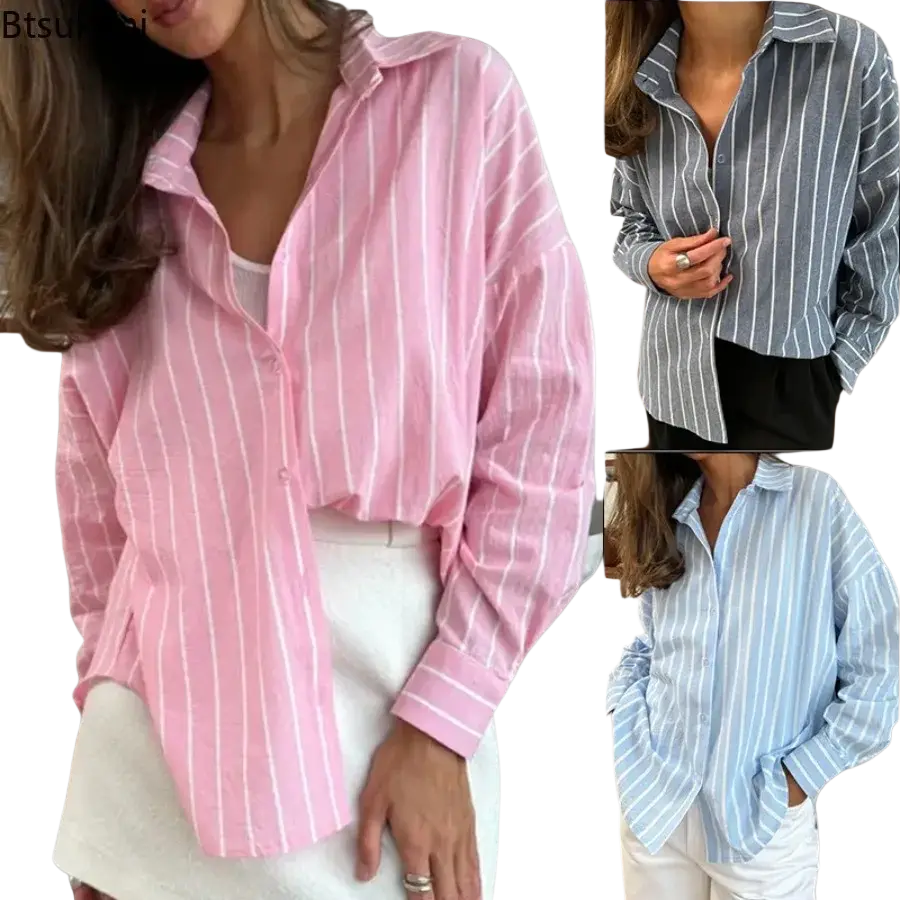 Classic striped shirt loose long sleeve women blouse in pink and white vertical stripes perfect for spring summer wear