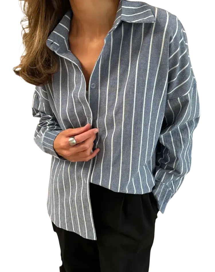 Classic striped shirt loose long sleeve women blouse in blue and white vertical stripes made of soft cotton for spring summer