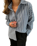 Classic striped shirt loose long sleeve women blouse in blue and white vertical stripes made of soft cotton for spring summer