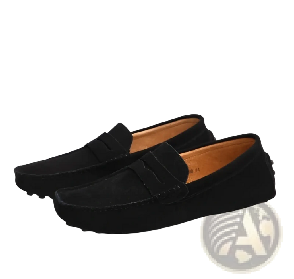 Black suede classic moccasin loafers with contrast stitching and tan leather lining for stylish comfortable wear