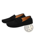 Black suede classic moccasin loafers with contrast stitching and tan leather lining for stylish comfortable wear