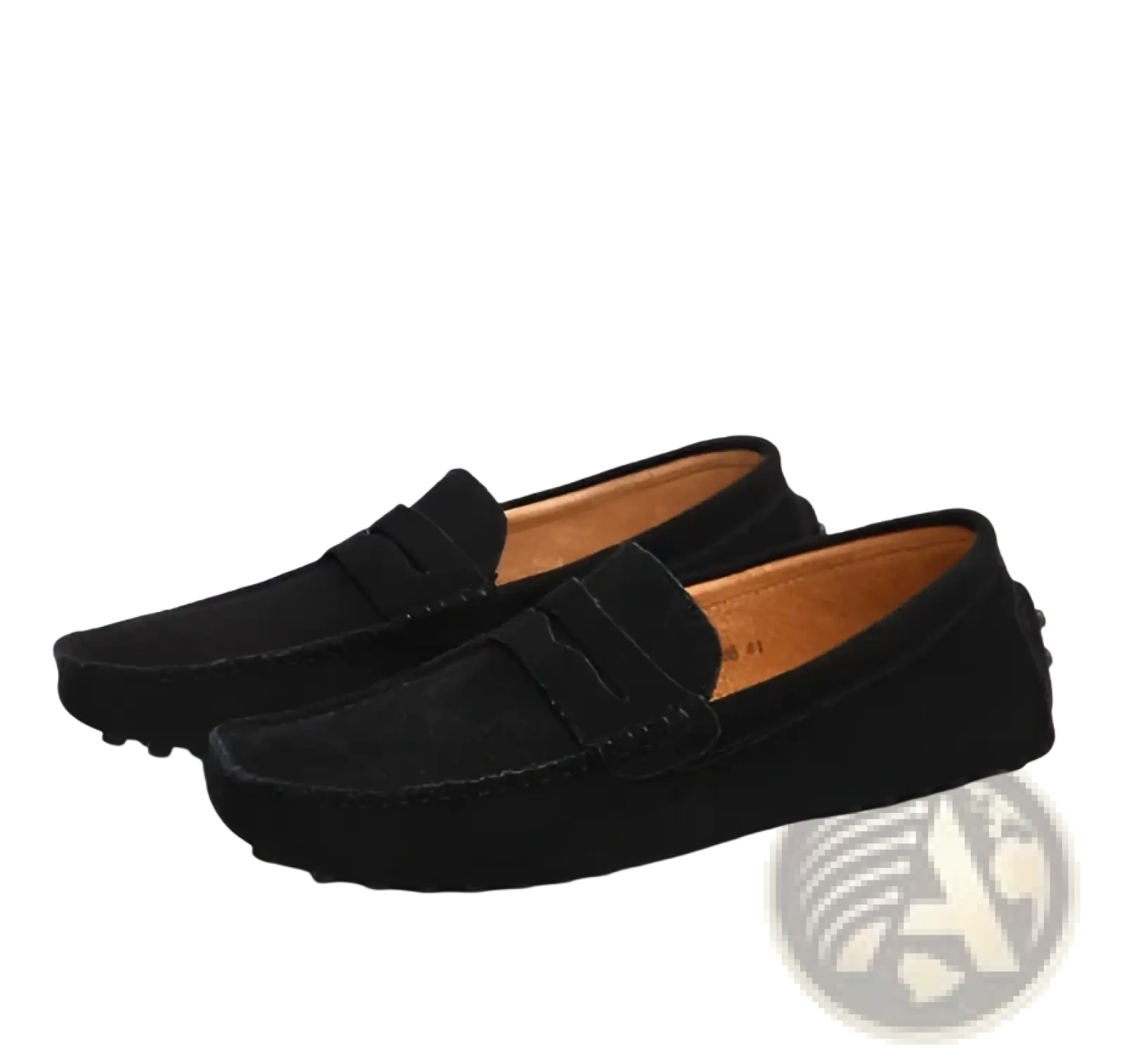 Black suede classic moccasin loafers with contrast stitching and tan leather lining for stylish comfortable wear