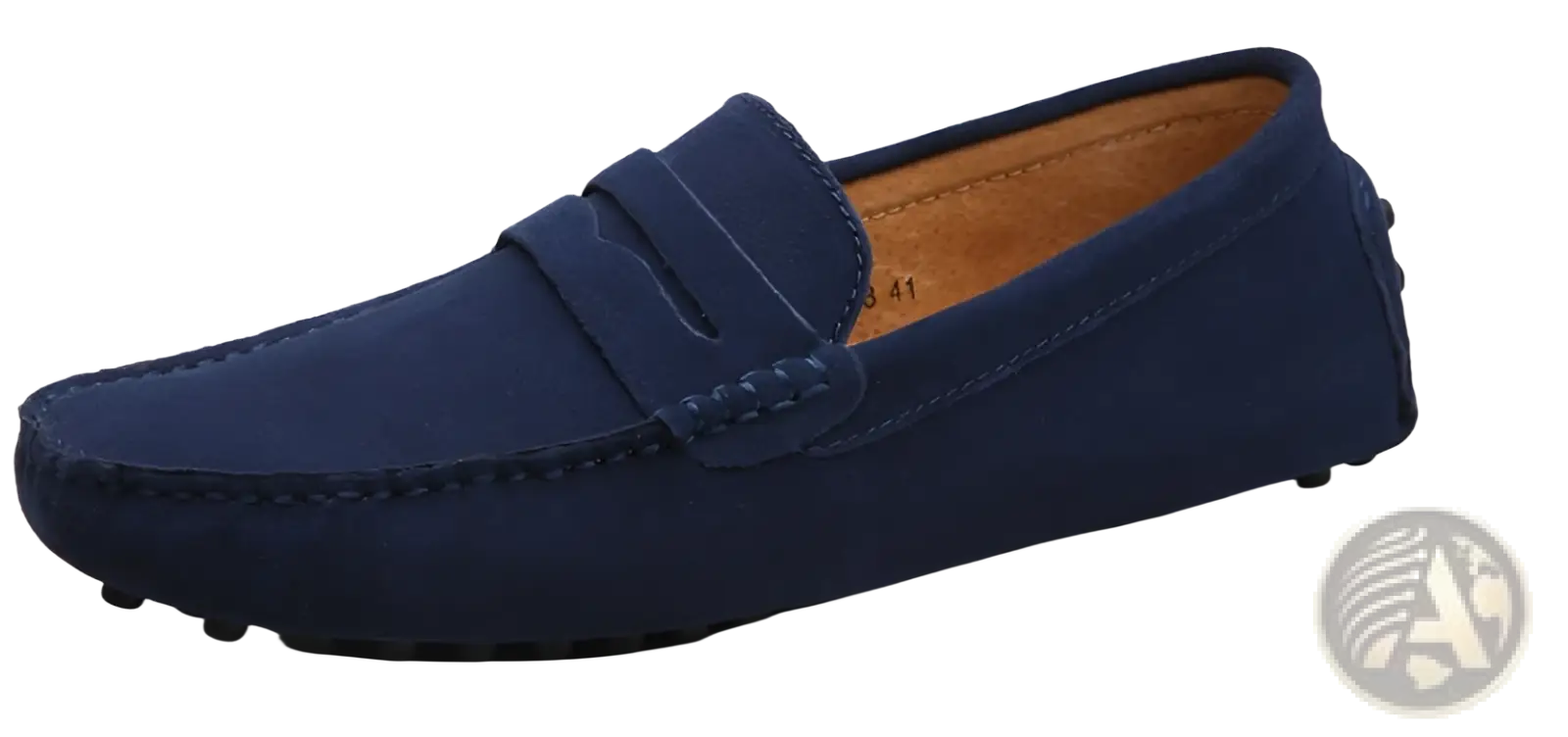 Navy blue suede moccasin loafers with classic penny strap design tan leather lining and contrast stitching