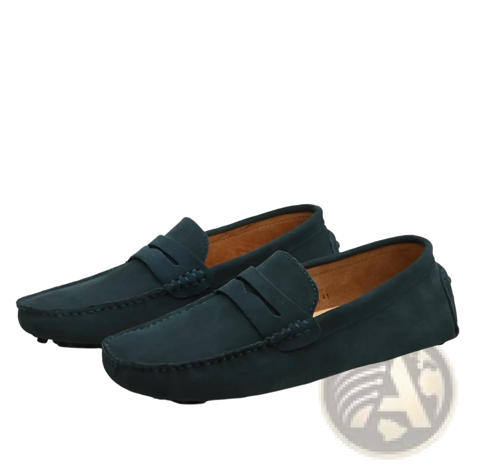 Dark green classic suede moccasin loafers with contrast stitching and tan leather lining