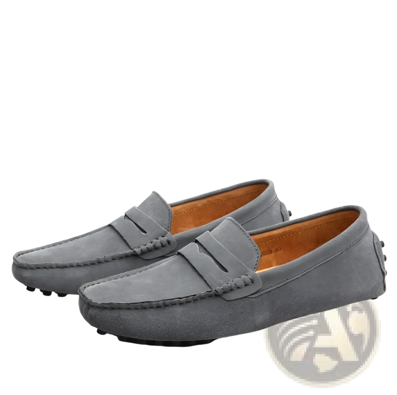Classic suede moccasin loafers in gray with contrast stitching and tan leather lining for elegant casual wear