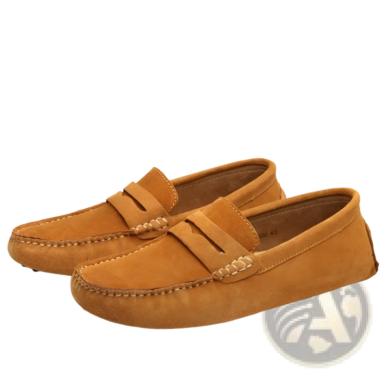 Tan suede loafers with classic moccasin design and contrast stitching showcasing elegant craftsmanship