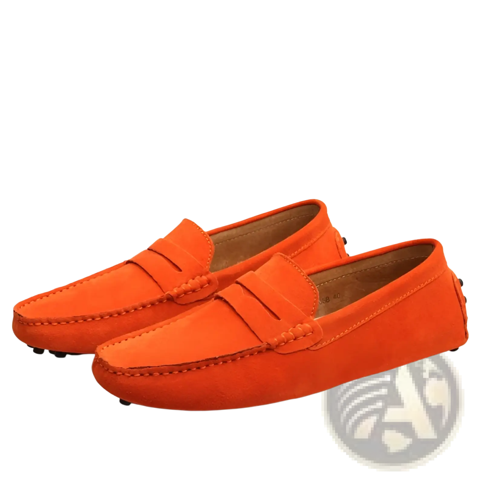 Bright orange classic suede moccasin loafers with contrast stitching and black rubber soles in a moccasin design