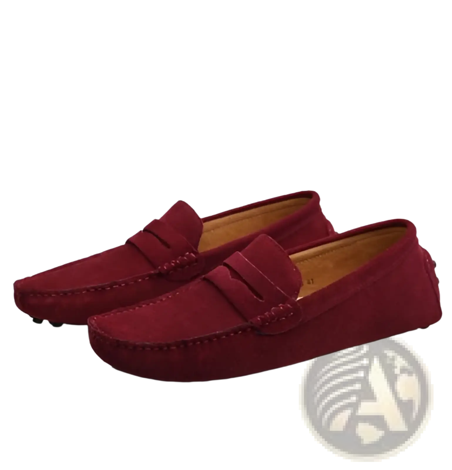 Burgundy suede classic moccasin loafers with contrast stitching and tan leather lining