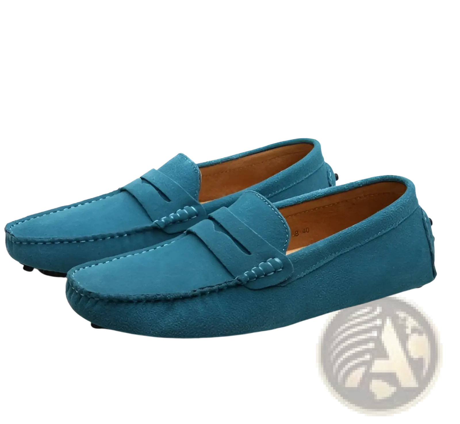 Classic suede moccasin loafers in teal with contrast stitching and tan leather lining showcasing front view