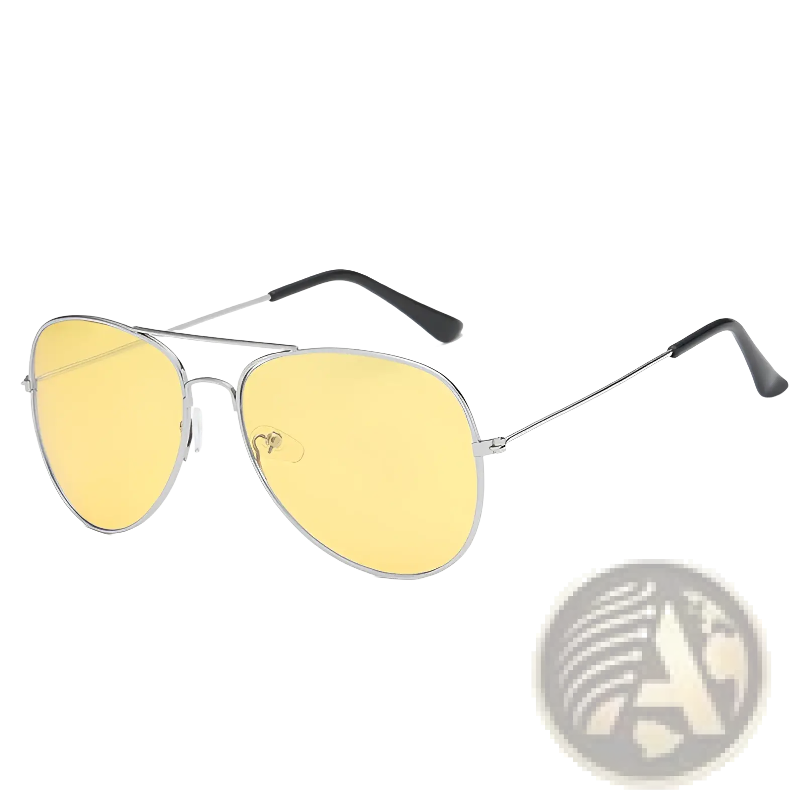 Classic unisex metal aviator sunglasses with silver frame yellow tinted lenses and black temple tips with uv protection