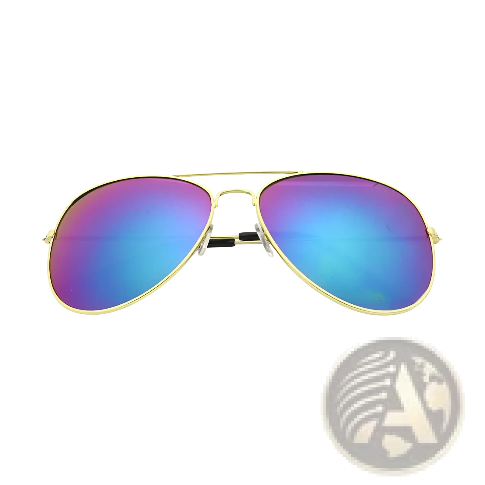 Classic unisex metal aviator sunglasses with gold rims and iridescent blue purple mirrored lenses with UV protection