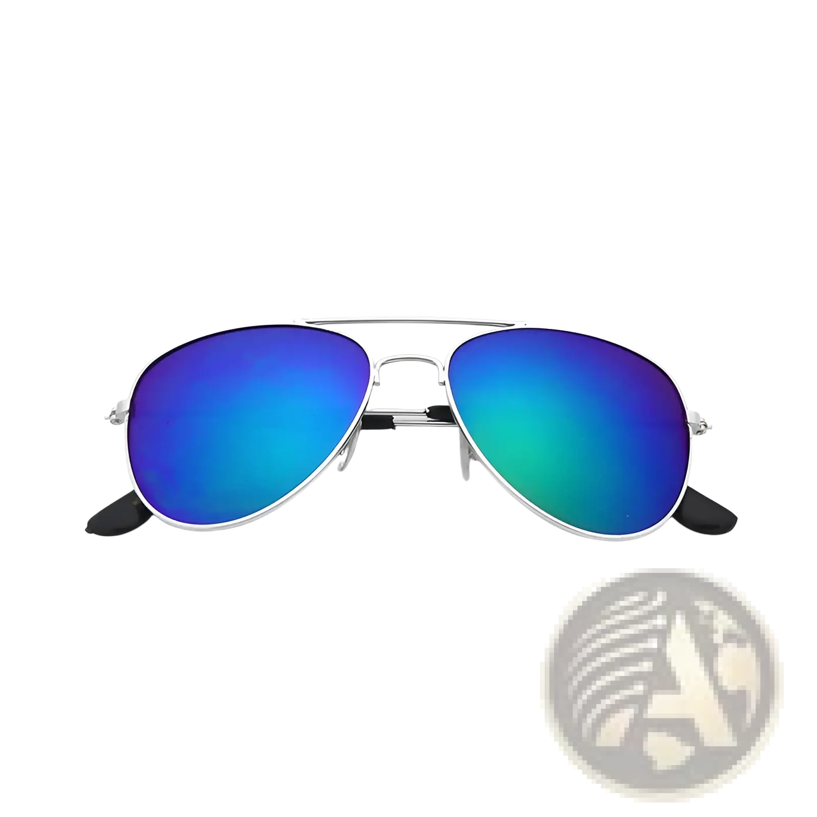 Silver-framed classic unisex metal aviator sunglasses with reflective blue green gradient lenses and uv protection