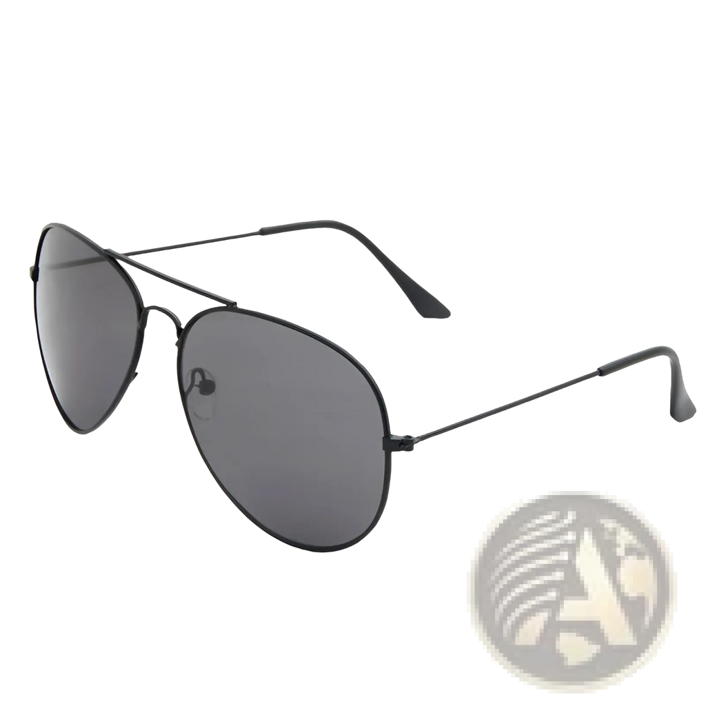 Classic unisex metal aviator sunglasses with black frame dark gray lenses and UV protection for eye safety