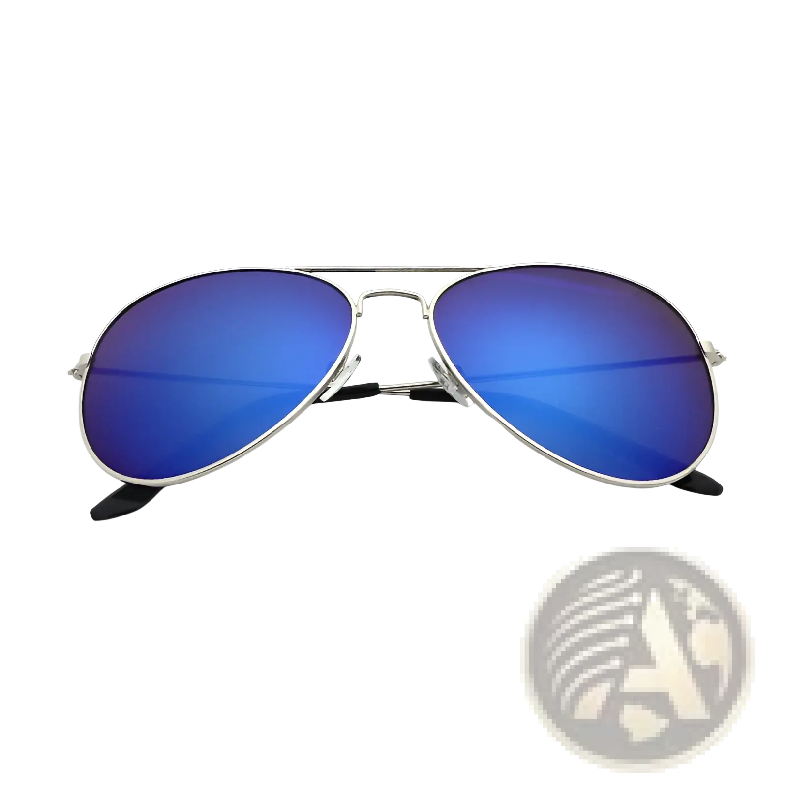 Classic unisex metal aviator sunglasses with silver frame, vibrant blue mirrored lenses, black temple tips, and uv protection