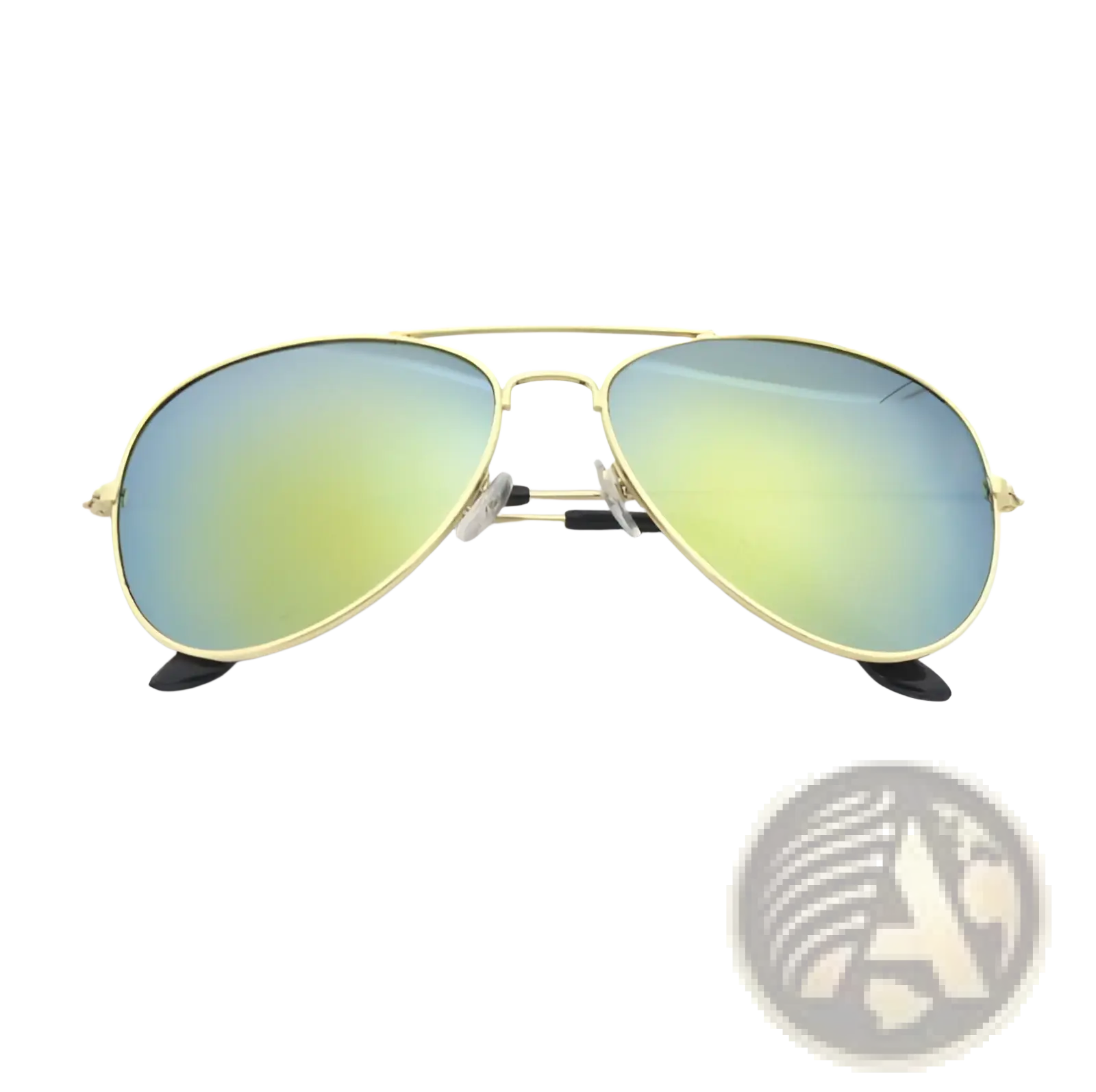 Classic unisex metal aviator sunglasses with gold rims and gradient blue green mirrored lenses with uv protection
