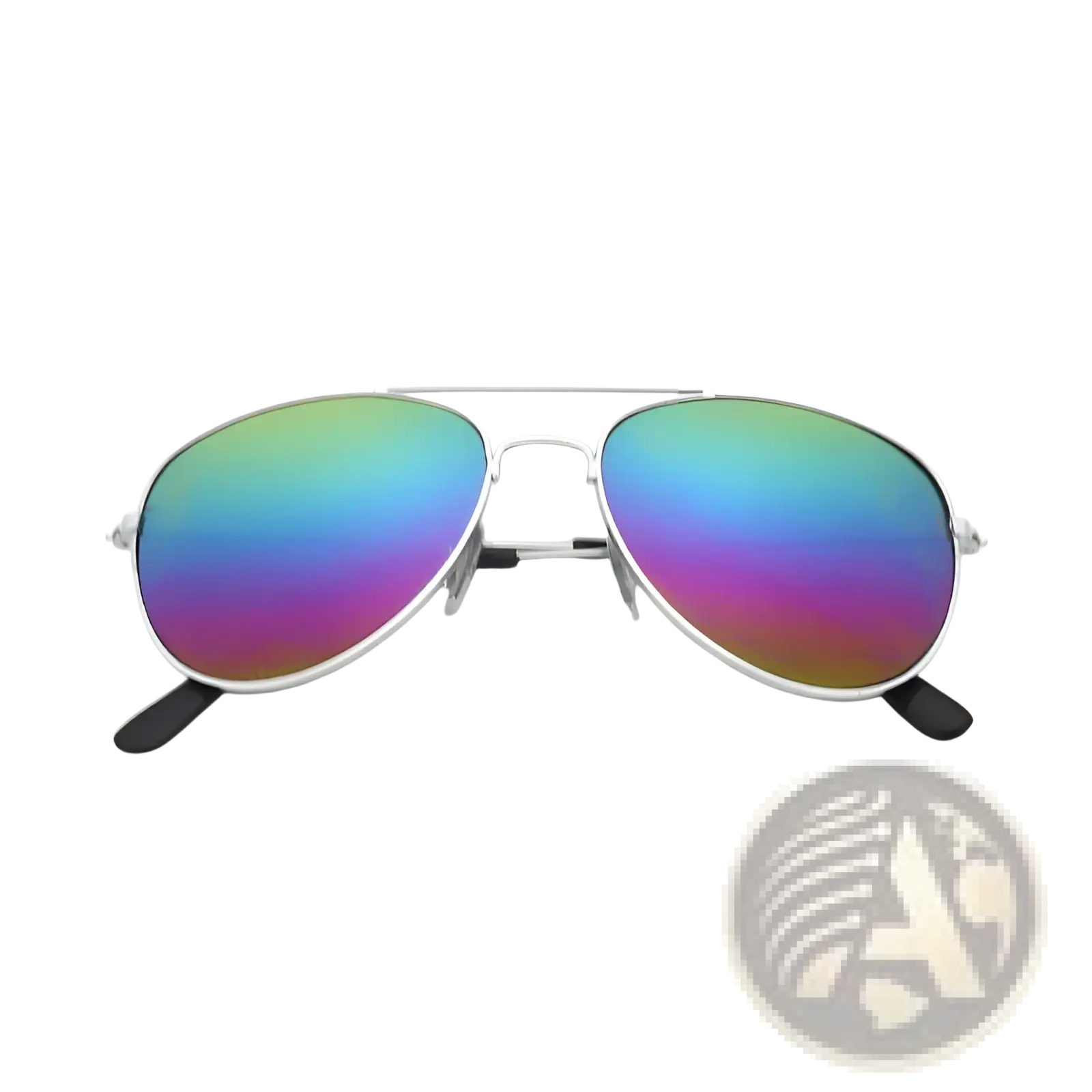 Classic unisex metal aviator sunglasses with silver frame and iridescent gradient lenses shifting from green to blue and pink