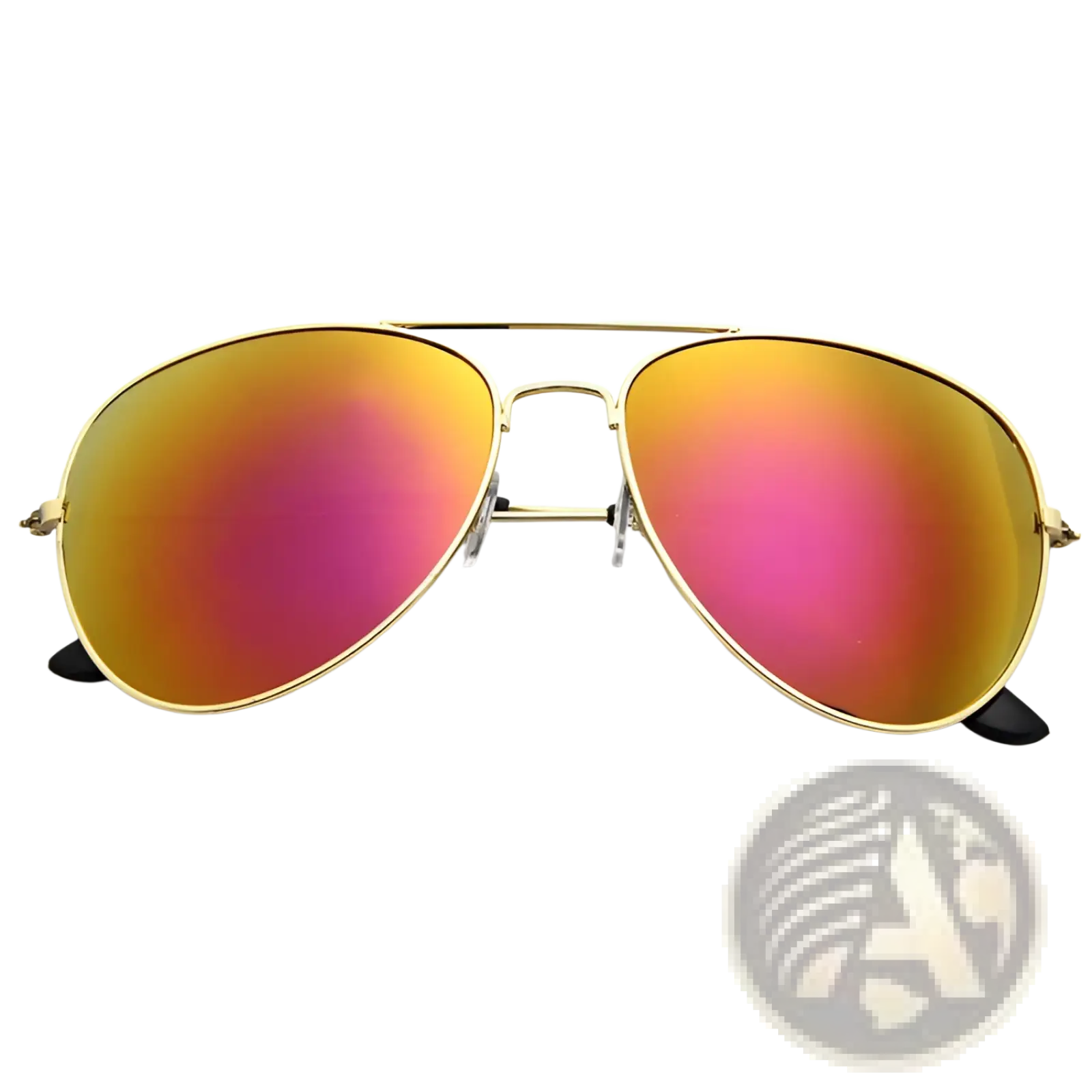 Classic unisex metal aviator sunglasses with gold rims and orange to pink gradient mirrored lenses with uv protection