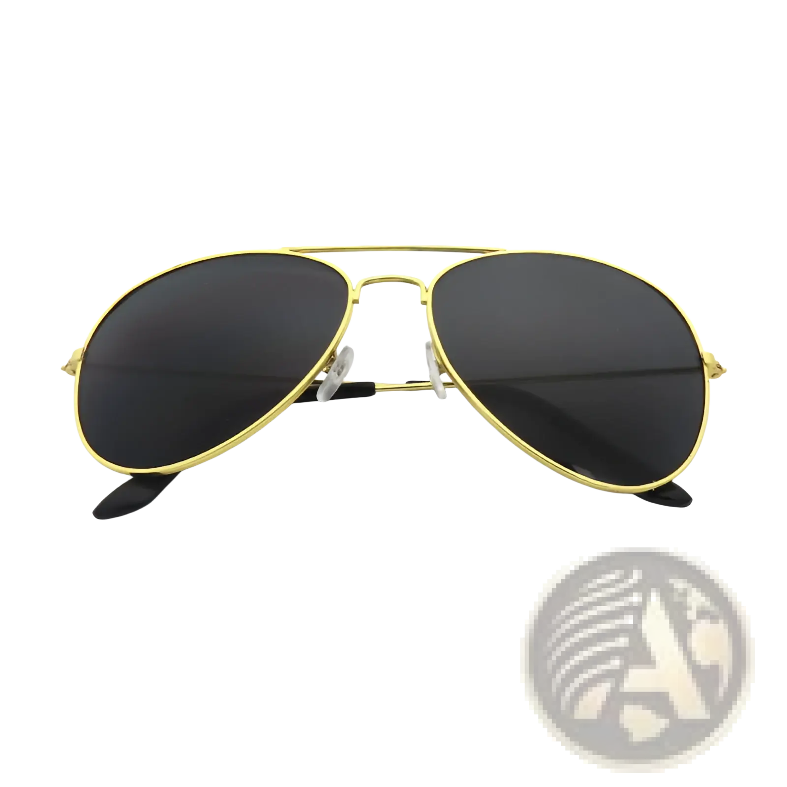Classic unisex metal aviator sunglasses with gold rim, dark gray lenses, black temple tips, and uv protection